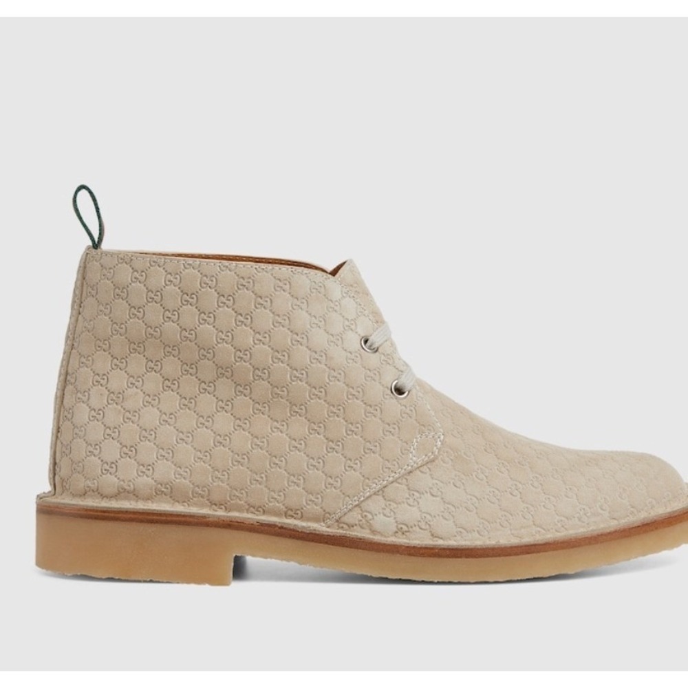GUCCI GG Suede Desert Boots Embossed Oatmeal Tan Shoe, G 10+